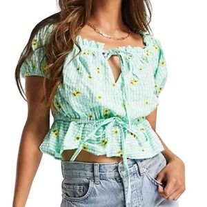 ASOS Deisgn Square Neck Top in Green Gingham, Size 6​​​​​